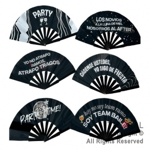 Abanicos con frases party fiesta blanco y negro x 12
